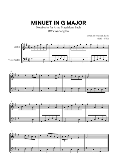 Minuet in G Major (BWV Anh. 116) (for Violin and Cello) (arr. Cadenza Editions)