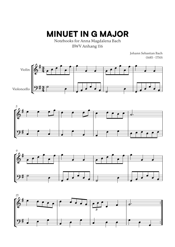 Minuet in G Major (BWV Anh. 116) (for Violin and Cello) (arr. Cadenza Editions)