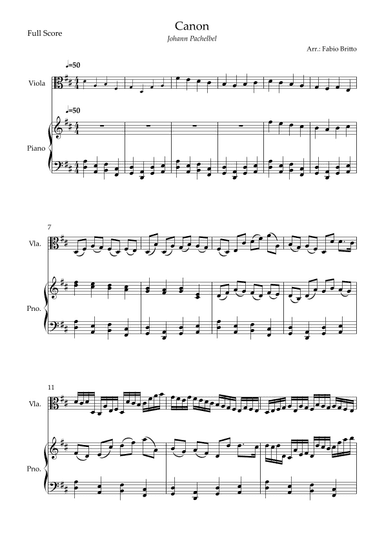 Canon - Johann Pachelbel (Wedding/Reduced Version) for Viola Solo and Piano Accompaniment (arr. Fabio Britto)