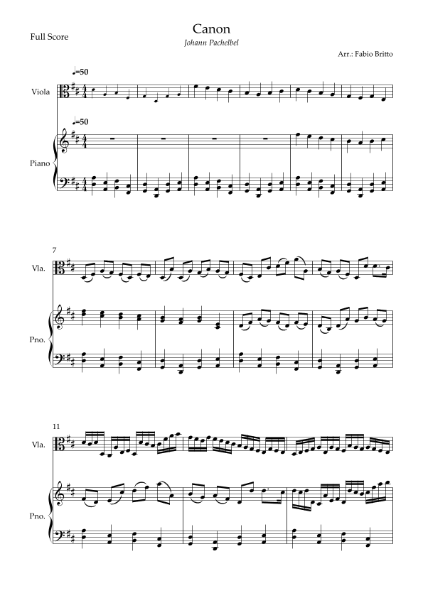 Canon - Johann Pachelbel (Wedding/Reduced Version) for Viola Solo and Piano Accompaniment (arr. Fabio Britto)