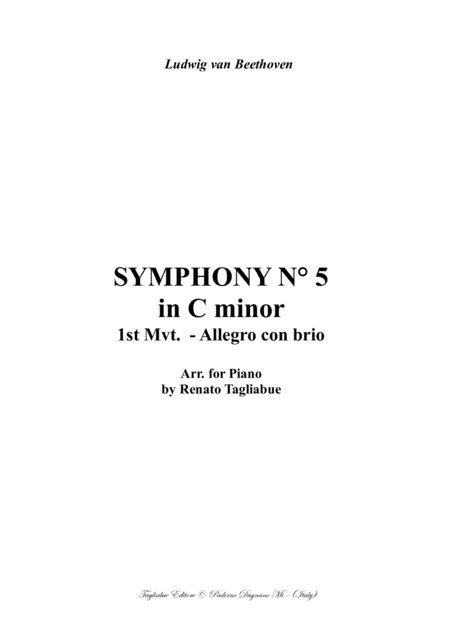 SYMPHONY N° 5 in C minor - Allegro con brio - Arr. for Piano (arr. Renato Tagliabue)