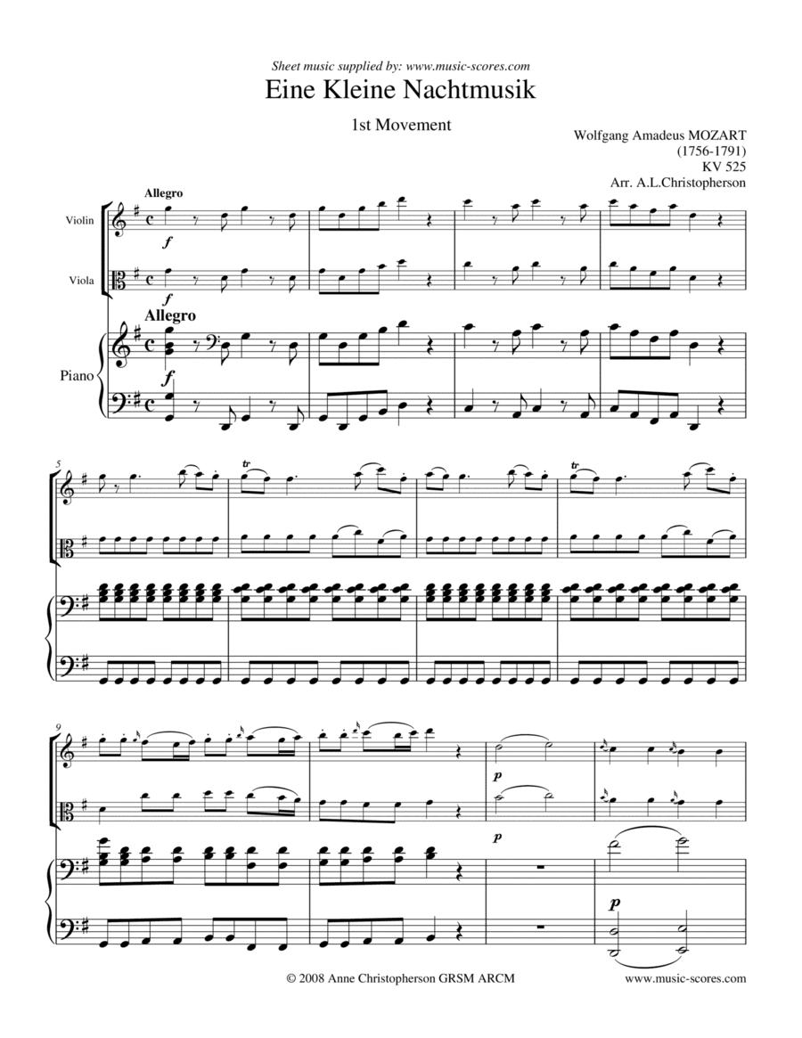 Eine Kleine Nachtmusik - Allegro 1st movement - Violin, Viola and Piano (arr. Anne L Christopherson GRSM ARCM)