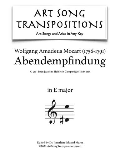 MOZART: Abendempfindung, K. 523 (transposed to E major) (arr. ArtSongTranspositions.com)