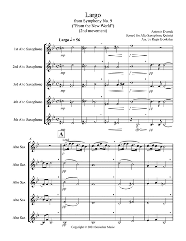 Largo (from "Symphony No. 9") ("From the New World") (Db) (Alto Saxophone Quintet) (arr. Regis Bookshar)