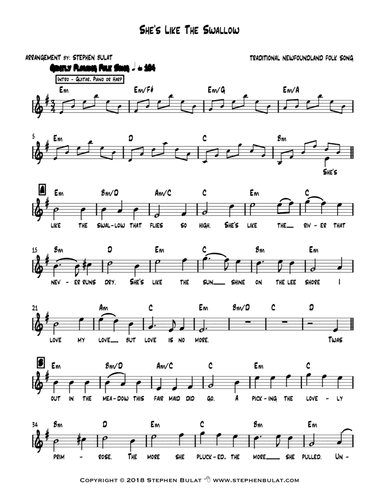 She's Like The Swallow (Newfoundland/Canadian Traditional) - Lead sheet (key of Em) (arr. Stephen Bulat)