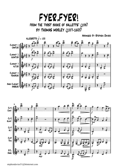'Fyre, Fyre' By Thomas Morley (1557-1603) for Clarinet Quintet. (arr. Stephen Davies)