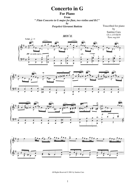 Pergolesi GB - Flute concerto in G - Piano version - 2 Largo (arr. Santino Cara)