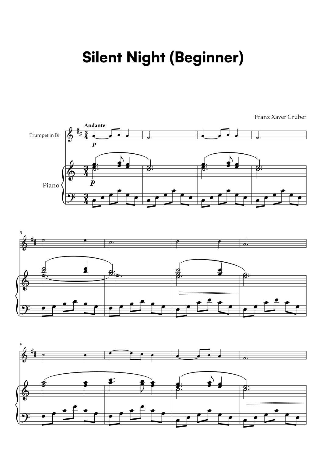 Franz Xaver Gruber - Silent Night Beginner (for Trumpet in Bb and Piano) (arr. Cadenza Editions)