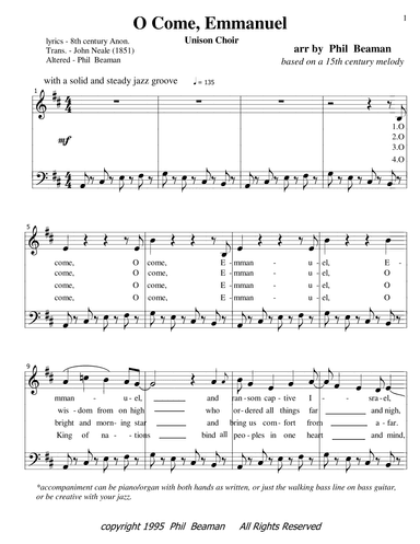 O Come, Emmanuel - jazz unison choir and piano (arr. Phil Beaman)