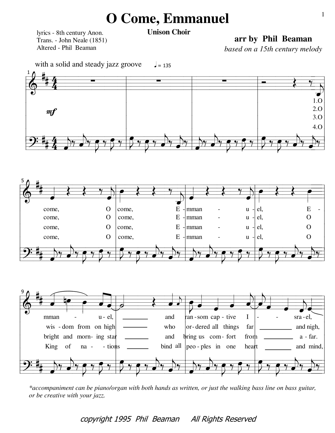 O Come, Emmanuel - jazz unison choir and piano (arr. Phil Beaman)