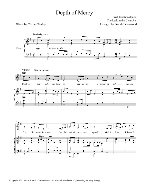 Depth of Mercy (Irish Traditional tune - The Lark in the Clear Air) arr. for SATB choir and piano (arr. David Catherwood)