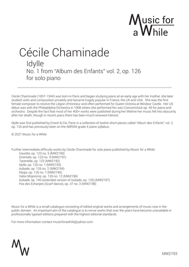 Cécile Chaminade - Idylle op. 126 no. 1 for solo piano (arr. Music for a While)