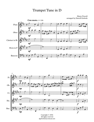 Purcell: Trumpet Tune in D for Woodwind Quintet (arr. Darrell Goforth)