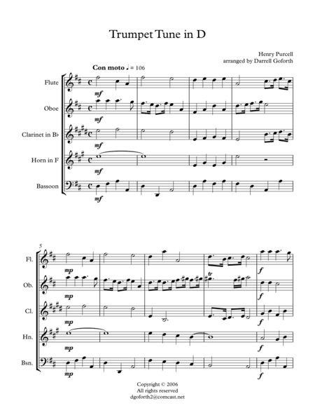 Purcell: Trumpet Tune in D for Woodwind Quintet (arr. Darrell Goforth)