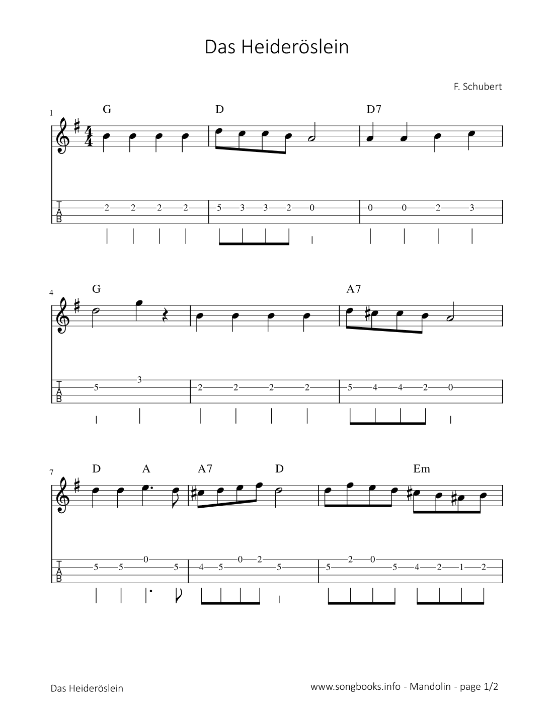 Das Heideröslein - F. Schubert (arr. songbooks.info)