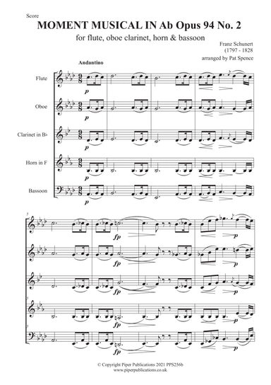 SCHUBERT MOMENT MUSICAL Opus 94 No. 2 for woodwind quintet (arr. arranged by Pat Spence)