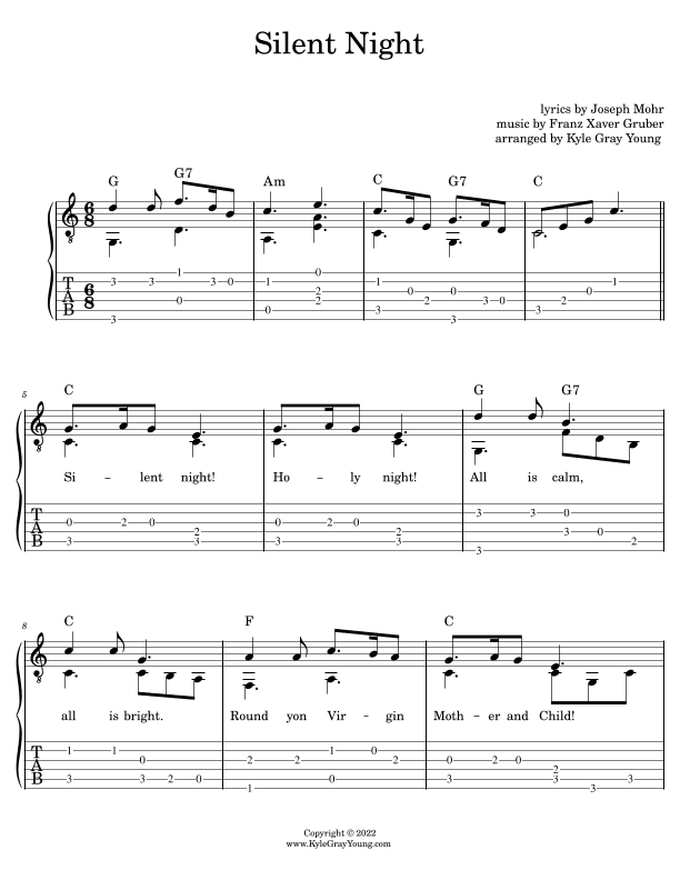 Silent Night (easy fingerstyle guitar tablature) (arr. Kyle Gray Young)