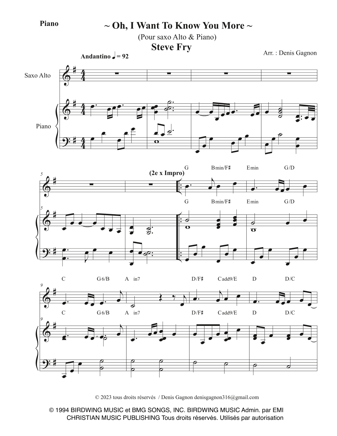 Oh, I Want To Know You More (arr. D. Gagnon)