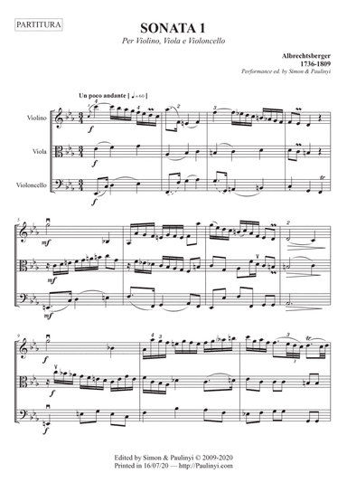 Albrechtsberger: Sonata n.1 Trio (violino, viola, violoncello/bassoon). Dr. Zoltan Paulinyi's editio (arr. Zoltan Paulinyi)