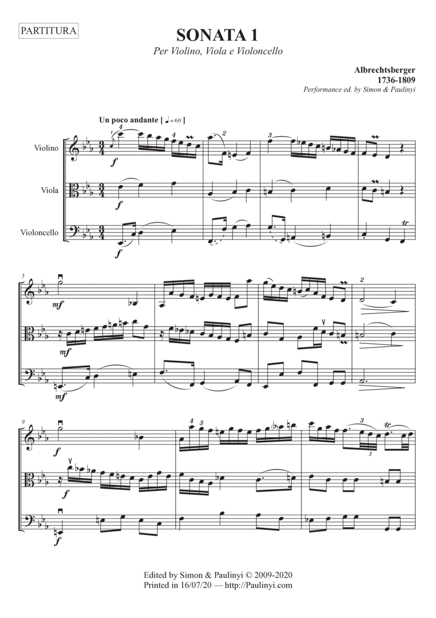Albrechtsberger: Sonata n.1 Trio (violino, viola, violoncello/bassoon). Dr. Zoltan Paulinyi's editio (arr. Zoltan Paulinyi)