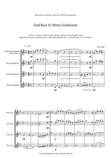 God Rest Ye Merry Gentlemen - Lovely AAT/SAT Saxophone Trio arrangement for beginner - early interme (arr. Keri Degg)