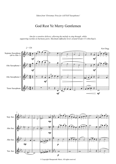 God Rest Ye Merry Gentlemen - Lovely AAT/SAT Saxophone Trio arrangement for beginner - early interme (arr. Keri Degg)