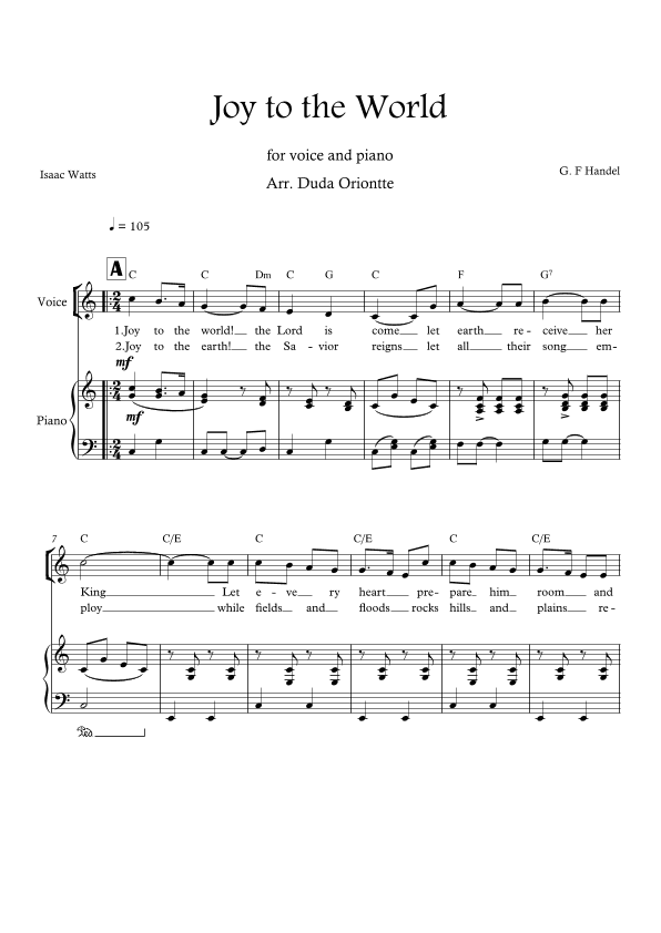 Joy to the World (C major - one voice - with chords) (arr. Duda Oriontte)