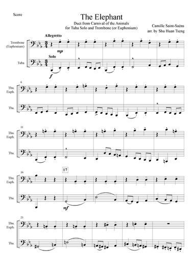 The Elephant Duet from Carnival of the Animals for Tuba Solo and Trombone (or Euphonium) (arr. Shu Huan Tseng)