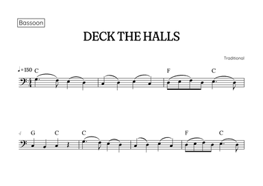 Deck the Halls for bassoon • easy Christmas song sheet music with chords (arr. Benzaiten Editions)