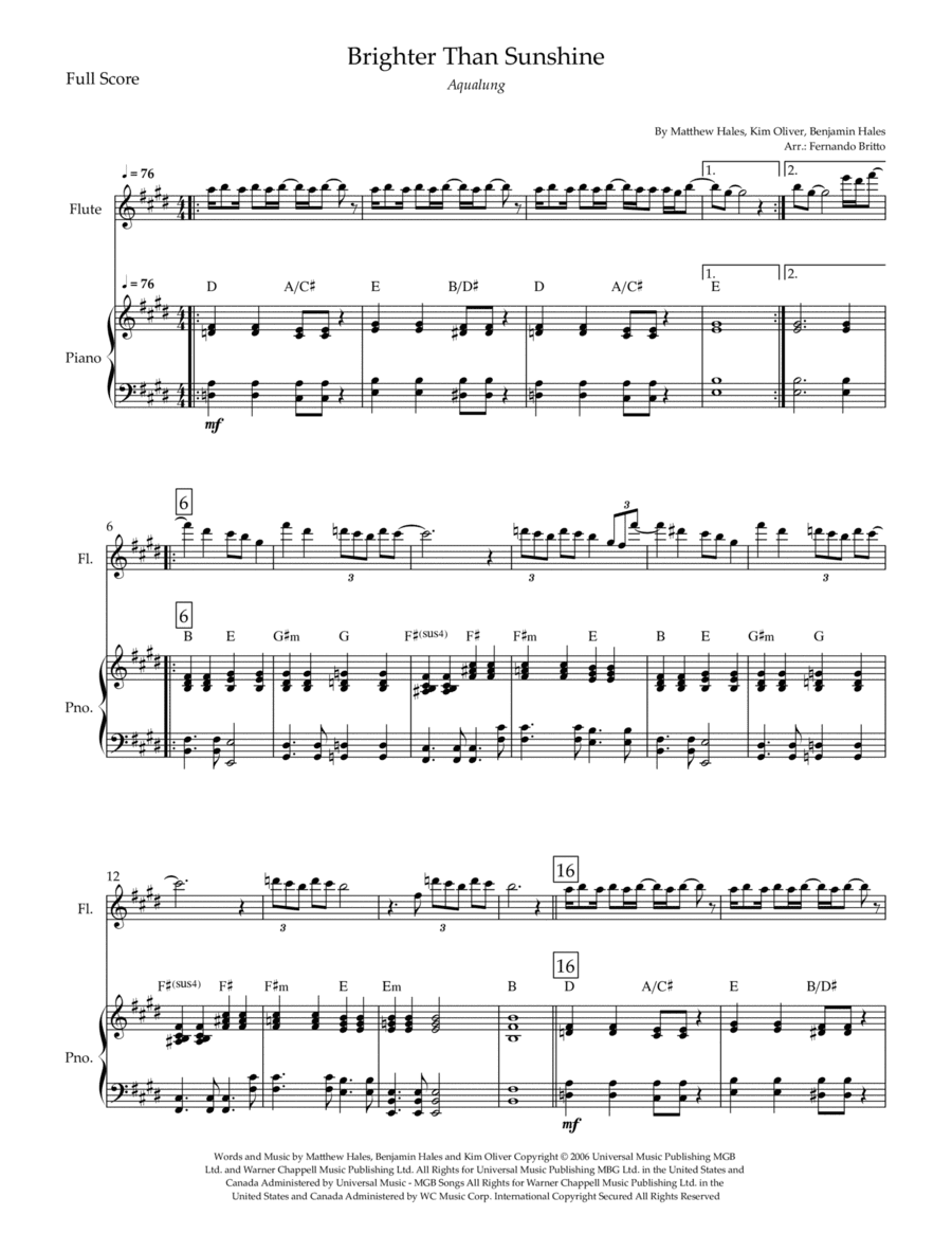Brighter Than Sunshine (arr. Fernando Britto)