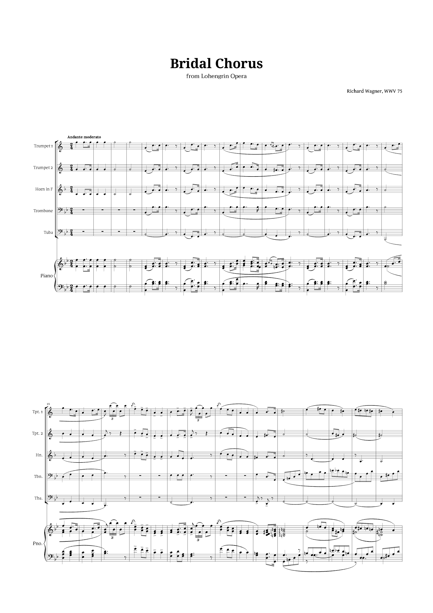 Bridal Chorus by Wagner for Brass Quintet and Piano (arr. Langanho)