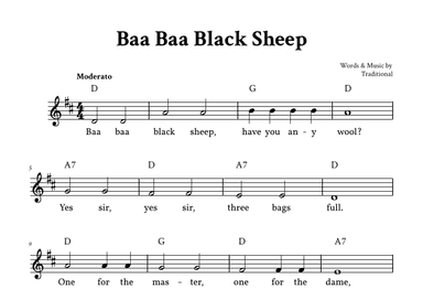 Baa Baa Black Sheep - Lead Sheet (D Major - Easy Traditional) (arr. Yuri Noronha)