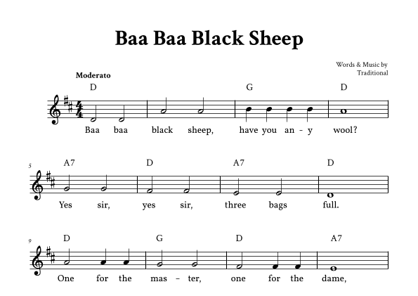 Baa Baa Black Sheep - Lead Sheet (D Major - Easy Traditional) (arr. Yuri Noronha)