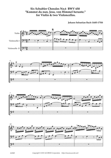 Six Schubler Chorales No.5 BWV649 "Ach bleib bei uns, Herr Jesu Christ." for Violin & 2 Violoncellos (arr. Kamada, Mikio)