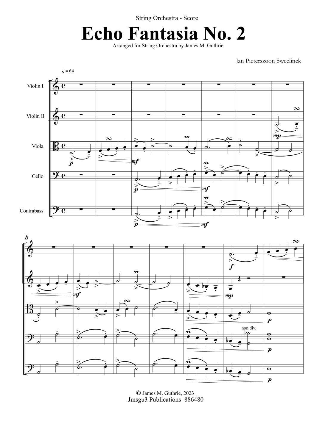 Sweelinck: Echo Fantasia No. 2 for String Quartet - Score Only (arr. James M. Guthrie)