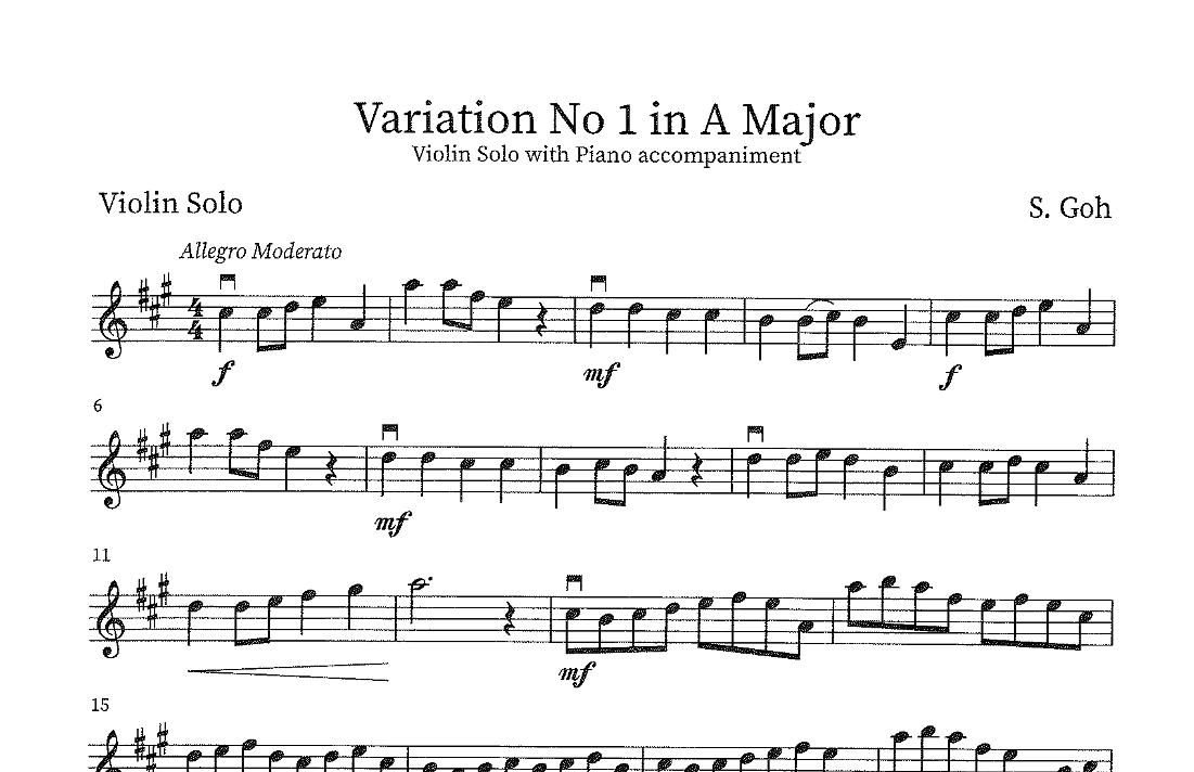 Easy Violin Solo: Variation No 1 in A Major with Piano accompaniment