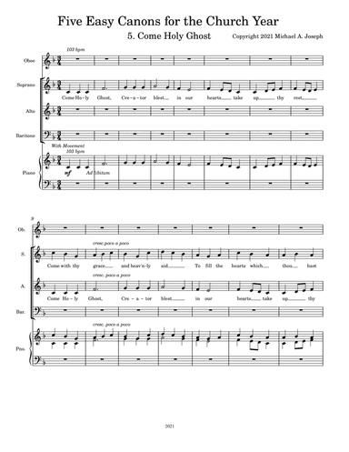 Five Easy Canons for the Church Year #5, Come Holy Ghost, with an optional oboe part