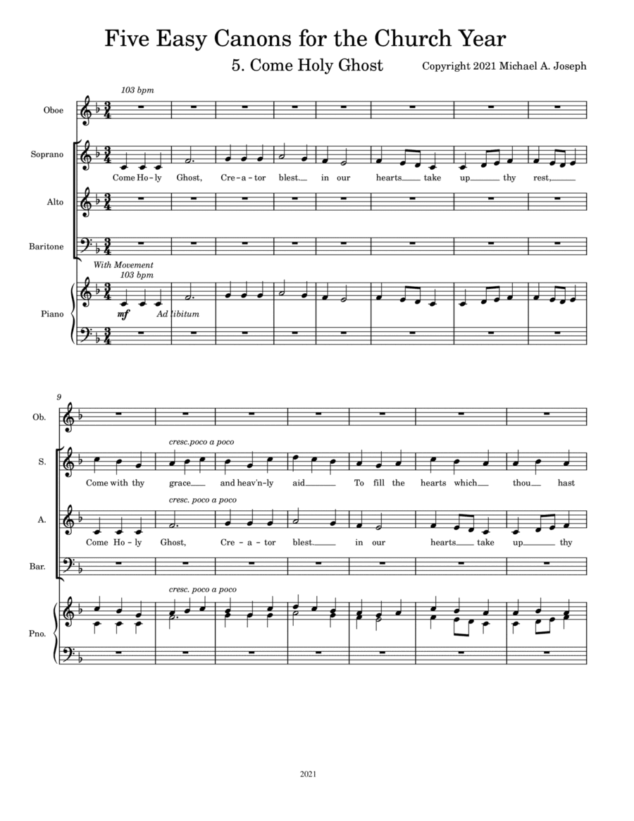 Five Easy Canons for the Church Year #5, Come Holy Ghost, with an optional oboe part