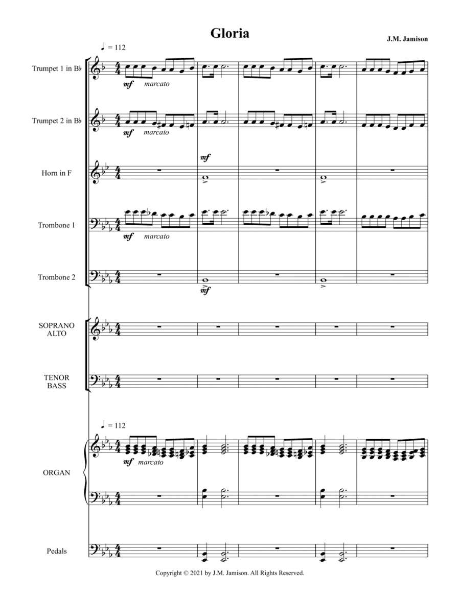 Gloria - full score for Latin text setting for SATB choir, organ, and brass quintet