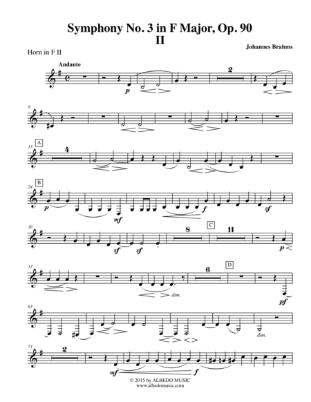Brahms Symphony No. 3, Movement II - Horn in F 2 (Transposed Part), Op. 90 (arr. Doug Clyde)