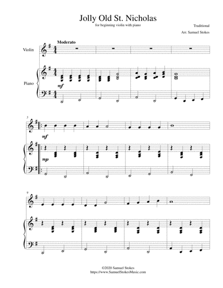 Jolly Old St. Nicholas - for beginning violin with optional piano accompaniment (arr. Samuel Stokes)