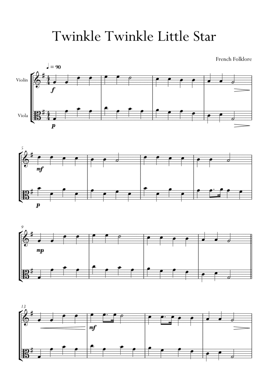 Twinkle Twinkle Little Star in G Major for Violin and Viola Duo. Easy. (arr. Matheus Araújo)