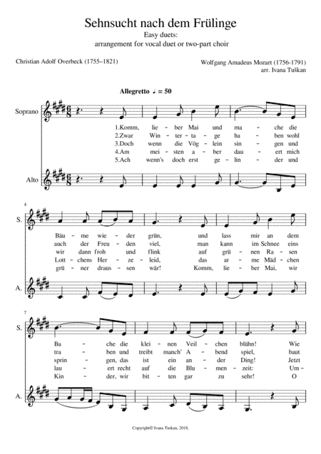 Sehnsucht nach dem Frühlinge, easy duet for equal voices, E major (arr. Ivana Tuškan)