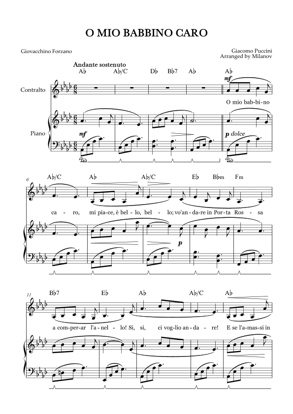 Mio Babbino Caro | Female Voice Contralto | A-flat Major | Piano accompaniment | Pedal | Chords (arr. Milanov)