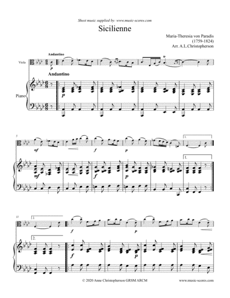 Paradies: Sicilienne - Viola and Piano (arr. Anne L Christopherson GRSM ARCM)