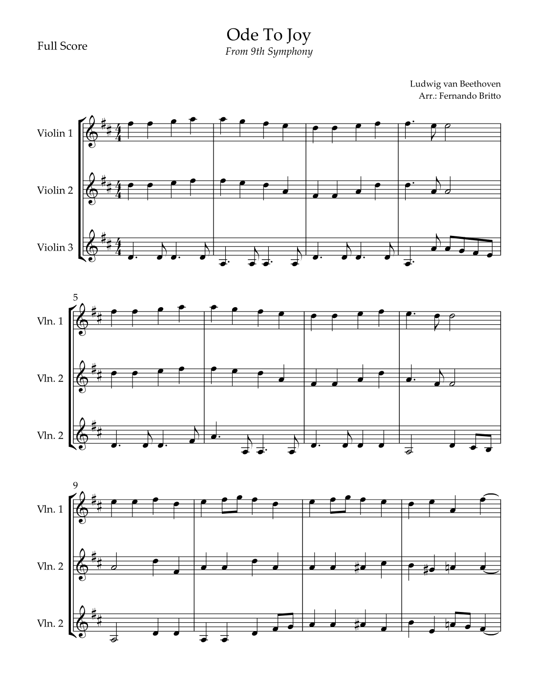 Ode To Joy Theme (from Beethoven's 9th Symphony) for Violin Trio (arr. Fernando Britto)