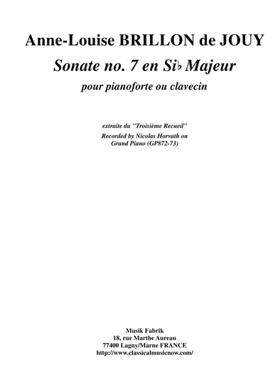 Anne-Louise Brillon de Jouy: Sonata no. 7 in Bb Major for piano or harpsichord (arr. Musik Fabrik Music Publishing)