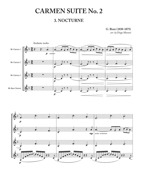 Nocturne from "Carmen Suite No. 2" for Clarinet Quartet (arr. Diego Marani)