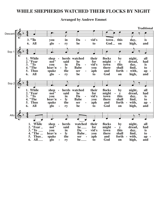 While Shepherds Watched Their Flocks By Night A Cappella SSA (arr. Andrew Emmet)