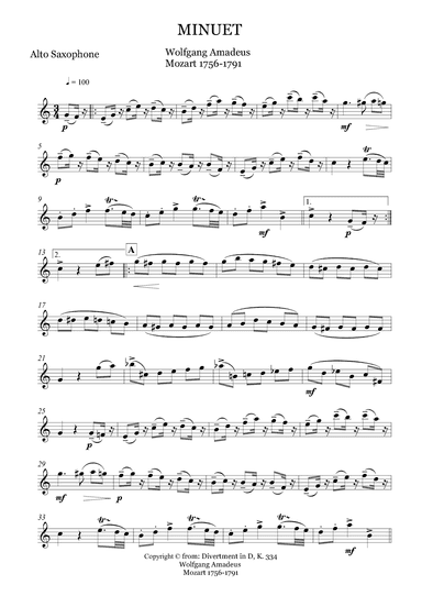 SOLO FOR ALTO SAX - MINUET from Divertment in D, K 334 (arr. Alexandre Carvalho)
